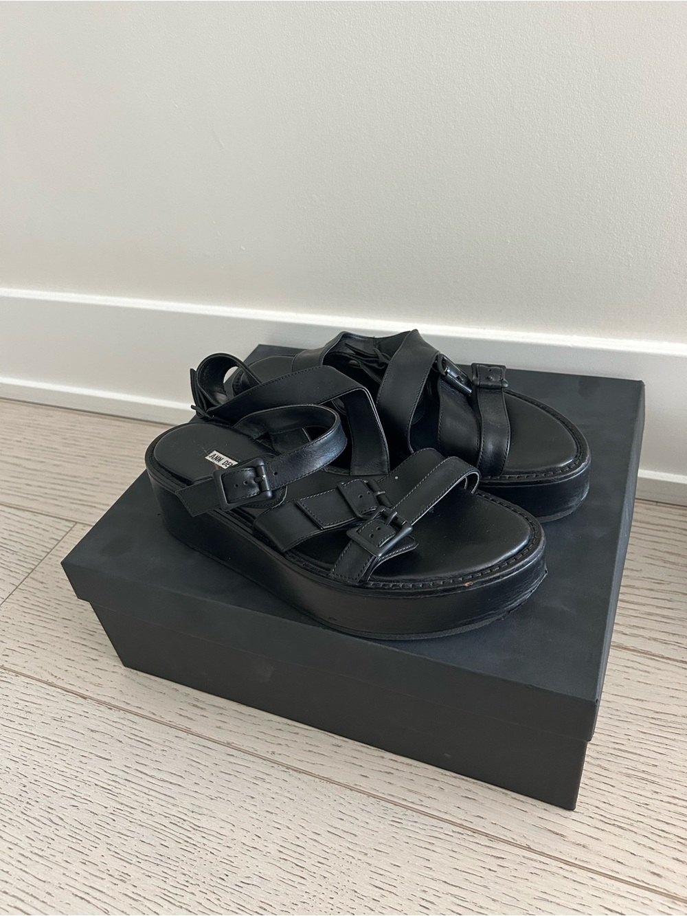 Ann Demeulemeester Black Leather Multi-Strap Buckle Platform Sandals Size 39